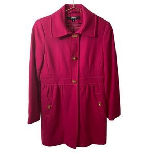 DKNY Womens Fuchsia Pink Herringbone Empire Waist Wool Blend Coat Size 6